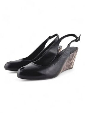 ARTURO CHIANG Black Leather Reptile Print Wedge Slingback Shoe Peep Toe Sz 7.5M